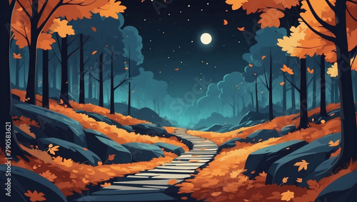 Vector illustration in flat simple style with copy space for text - night landscape with natural scene - autumn forest  winding path  and falling leaves.