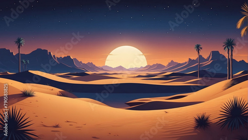 Vector illustration in flat simple style with copy space for text - night landscape with natural scene - desert  oasis  and sand dunes.