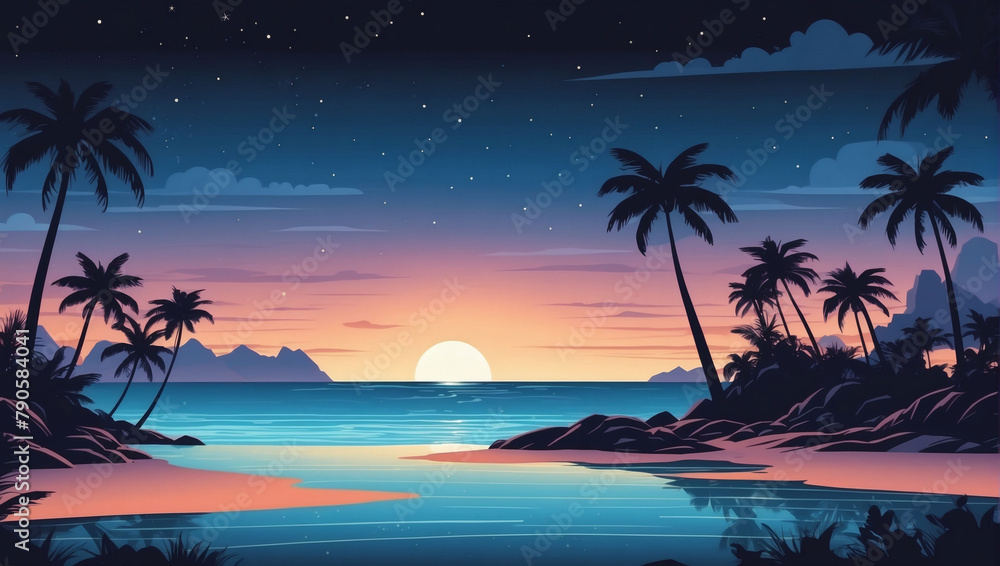 Vector illustration in flat simple style with copy space for text - night landscape with natural scene - ocean, beach, and palm trees.
