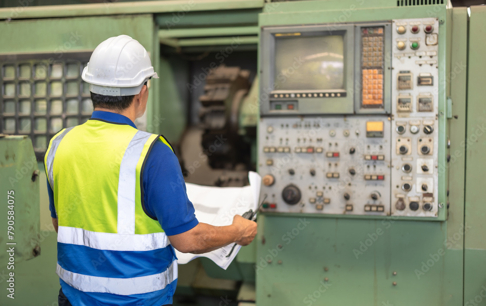 Senior Engineer Analyzes Blueprint for Machine Maintenance in Industrial Factory Setting Senior Engineer Analyzes Blueprint for Machine Maintenance in Industrial Factory Setting