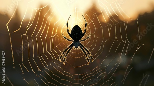 Photographs a spider suspended in the center of its intricate web, the dark black silhouette outlined by the soft glow of a setting sun, emphasizing the precision and detail of its construction photo