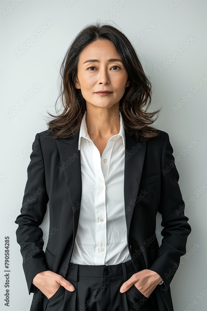 Confident young Japanese businesswoman wearing a suit on white background. Confident young Japanese businesswoman wearing a suit on white background.