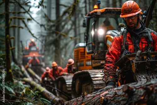 Diverse team of lumberjacks working with machinery in a misty forest