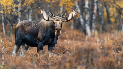 Photographs a moose during the rut, its aggressive posture and powerful build showcased against the backdrop of dense, earthybrown forest underbrush