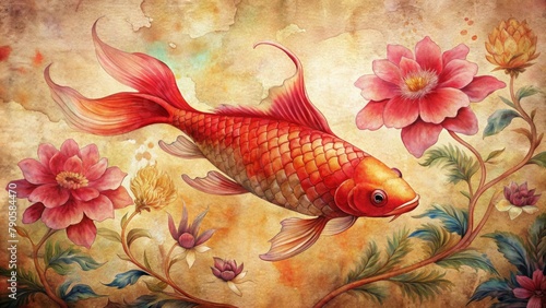 Red carp, in the traditional Chinese painting style, on a vintage background with golden and brown tones.