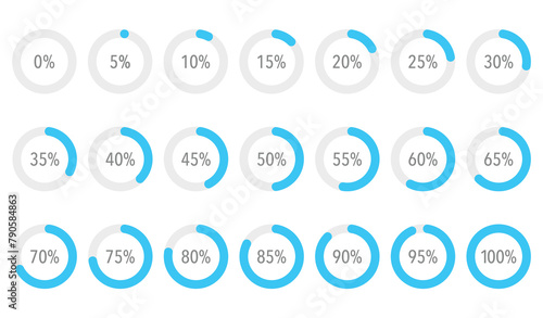 Set of ocean blue infographic percentage piecharts, segment of circle icons 10% - 100%, simple flat design loading data interface elements app button ui ux web, vector isolated on white background