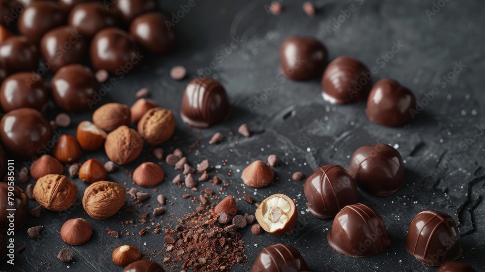 Obraz premium Chocolate covered Belgian candies and hazelnuts with a shiny coating