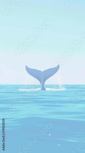 Captures the slow, rhythmic movement of a whale s tail as it disappears beneath the surface, the splash a soft whisper in the vast, quiet ocean © kitidach