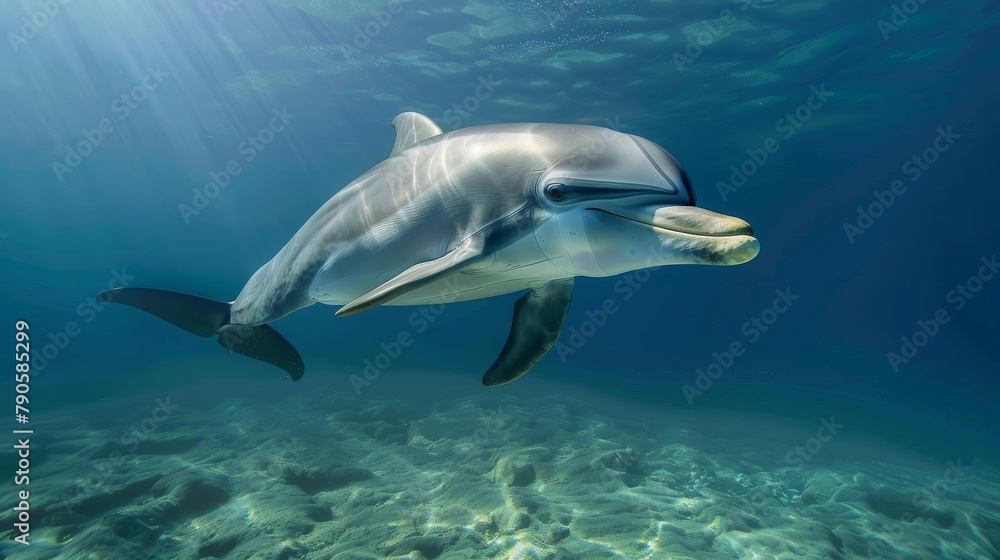 Captures the intricate play of light and shadow on a dolphin s body as it swims through sunlit waters, the soft grays providing a subtle elegance to its streamlined form