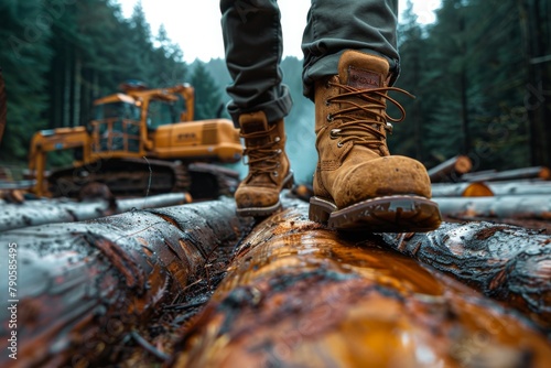 Close-up of logger's boots on a felled tree with equipment in the background