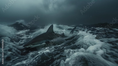 Captures a dynamic scene of a shark hunting during a storm  the dark grays of the turbulent sea and the sharks body melding into one  symbolizing the mystery and feared power of nature