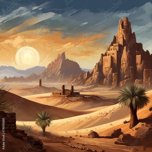  the vast desert landscape with   ancient ruins  and mysterious nomadic tribes. 