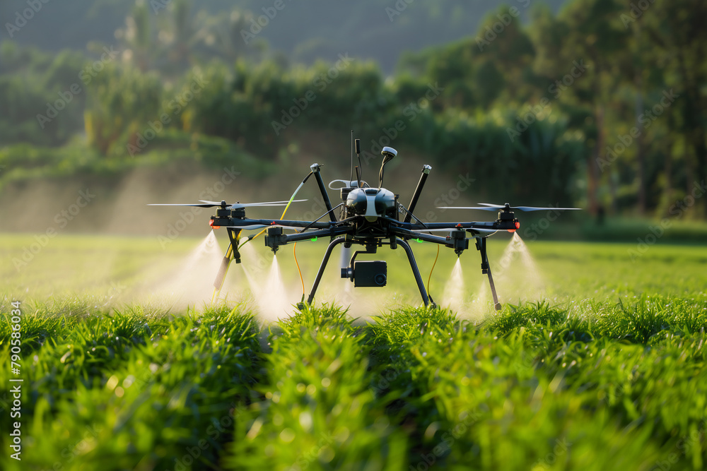 Agricultural drones fly to spray fertilizer in rice fields