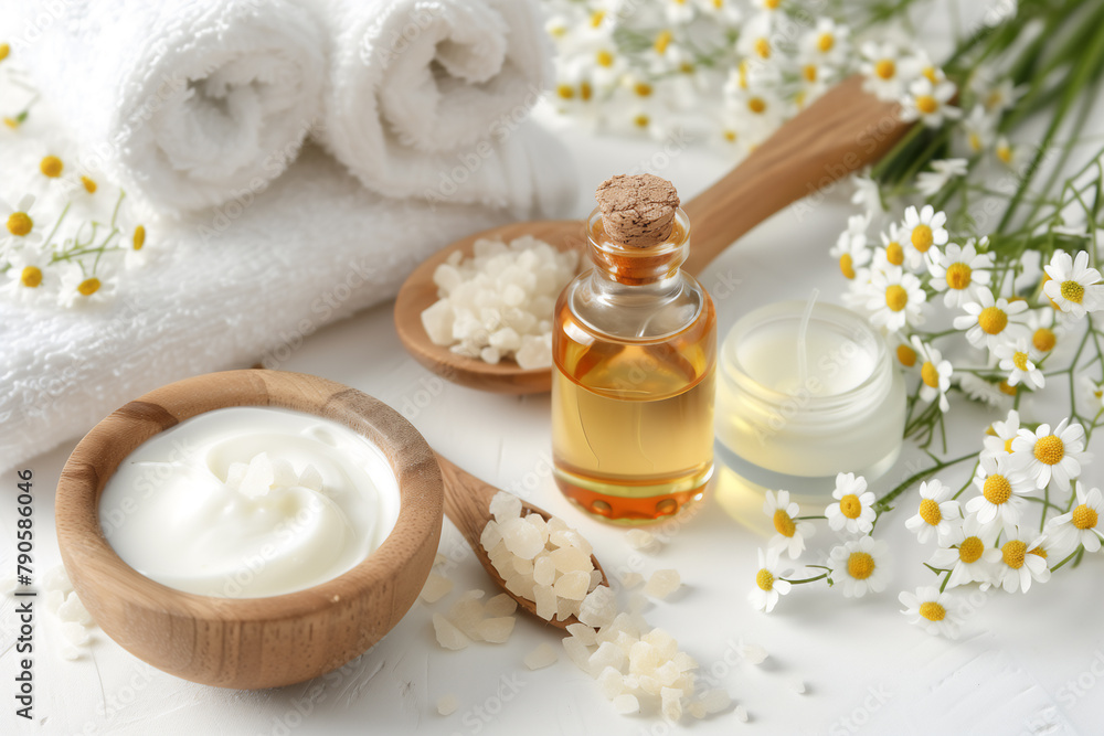 Spa with cream essential oils towels on a white background copy space Spa with cream essential oils towels on a white background copy space