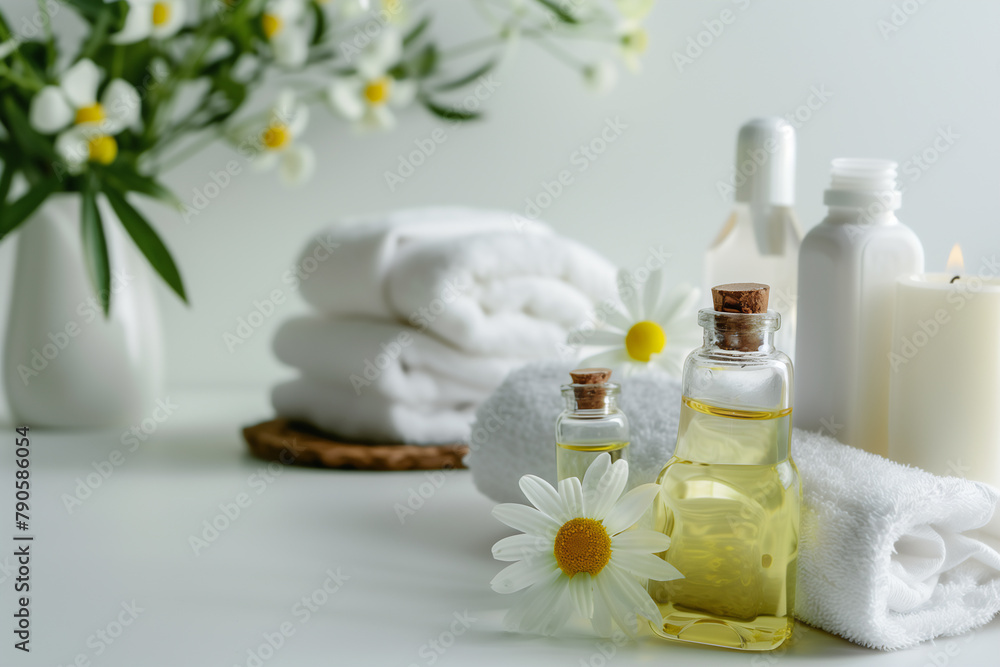 Spa with cream, essential oils, towels on a white background, copy space Spa with cream, essential oils, towels on a white background, copy space