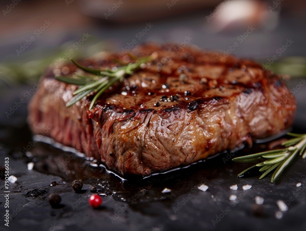 Ribeye Steak Grilled Seared Medium Rare Rosemary Char Grill Marks Juicy Close-Up Food Dining Dinner Blurred Background Image