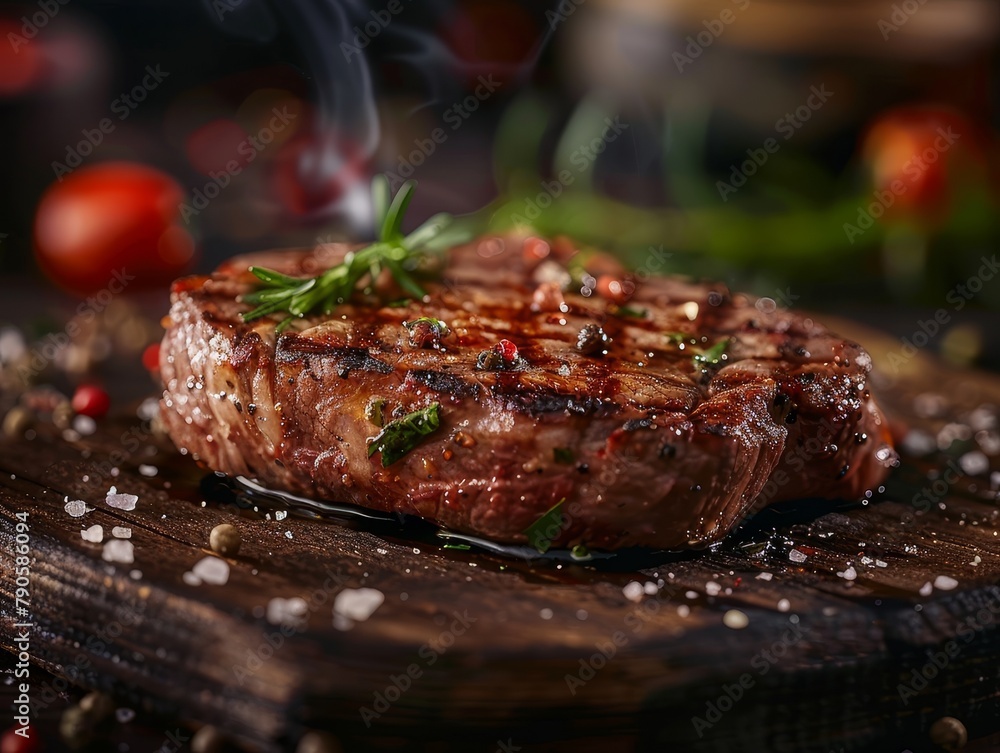 Ribeye Steak Grilled Seared Medium Rare Rosemary Char Grill Marks Juicy Close-Up Food Dining Dinner Blurred Background Image