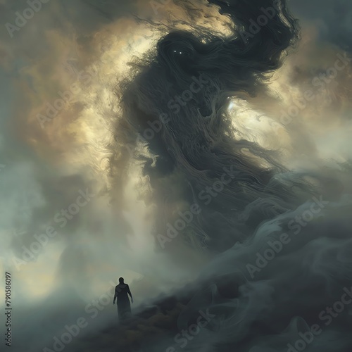 Embrace the depths of fear with a low-angle view of a towering, shadowy figure emerging from swirling mist in a dreamlike realm, rendered in photorealistic digital art © Answertalker