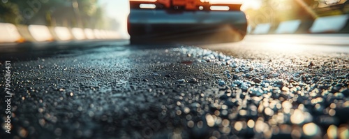 Close view of a new asphalt texture with road roller in background