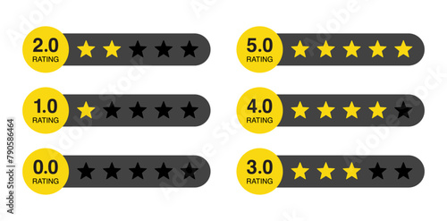 Product rating or customer review with gold stars set collection. Graphic symbol flat design interface illustration elements for app ui ux web banner button vector isolated on white background