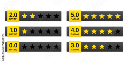 Product rating or customer review with gold stars set collection. Graphic symbol flat design interface illustration elements for app ui ux web banner button vector isolated on white background