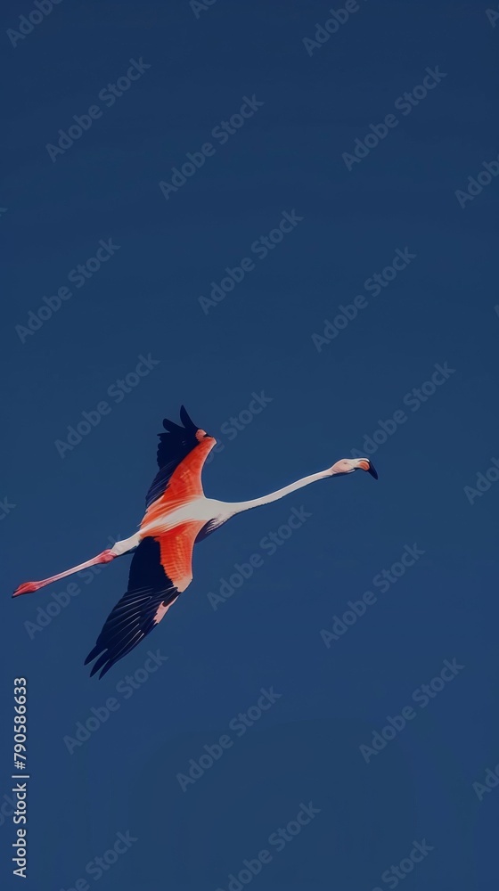 Fototapeta premium Arranges a dramatic scene with a flamingo stretching its wings against a deep blue sky, the contrast of the bright orange feathers against the sky emphasizing the birds majestic and vibrant appearance