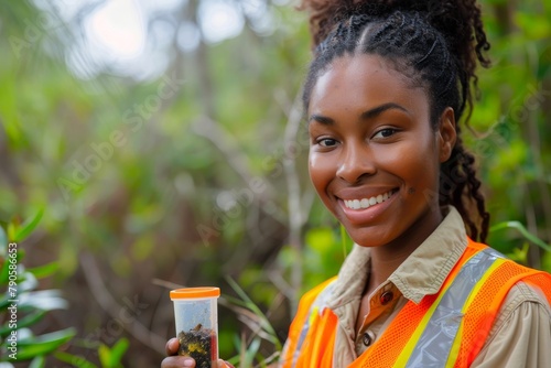 African American female scientist examining soil sample outdoors