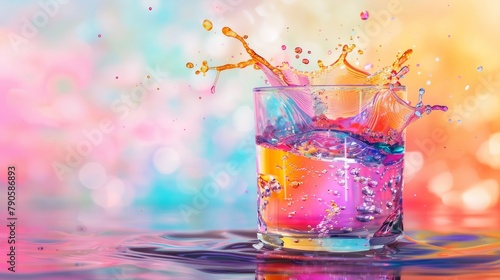 Splash of paint Colorful. Abstract background. Digital Art, colored floating liquid in the trend colors pink, orange, blue and violet, Brightly colored liquid splashing into a glass of water