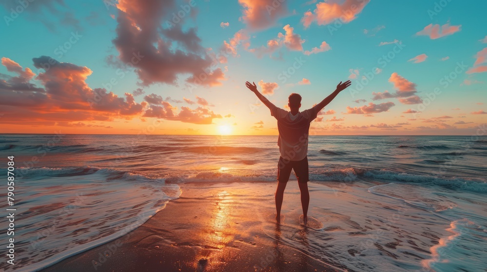man raising arms up enjoying sunset on the beach looking morning sunrise - Self care, traveling, wellness and healthy life style concept