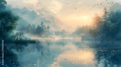 Ambient Symphony: Watercolor Lakeside View with Light-Sensitive Dragonflies and Mist photo