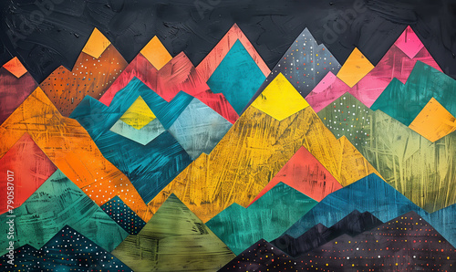 abstract landscape horizontal wallpaper with mountains peacks in geometric shapes and grunge texture colorful illustration	 photo