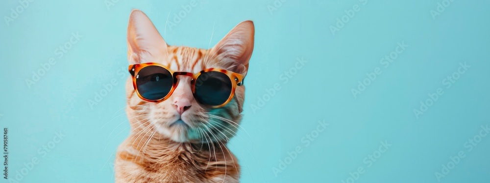 With a pastel blue backdrop, an adorable ginger cat sporting sunglasses.