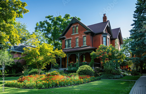 A large, two-story red brick house with trees and flowers in the front yard. The exterior of the home is very well-maintained, showcasing clean windows, fresh paint on the walls