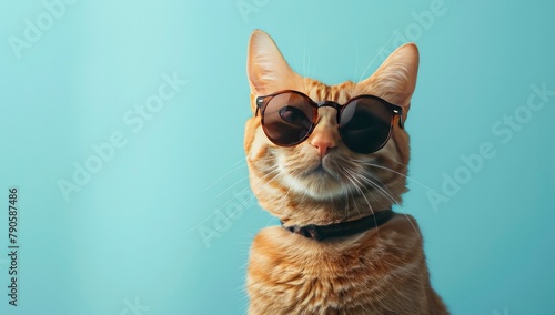 With a pastel blue backdrop, an adorable ginger cat sporting sunglasses.