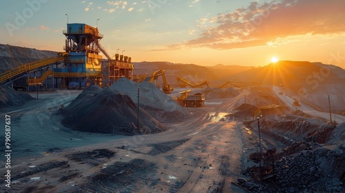 Sunrise over an industrial coal mine, with silhouetted heavy machinery and heaps of coal photo