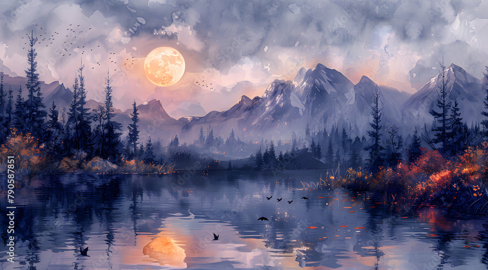 Silvery Serenade: Watercolor Scene of Lunar Eclipse Casting Unusual Light on Lake - obrazy, fototapety, plakaty 