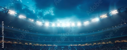 Night falls, arena glows with bright lights, hinting at thrilling events; empty seats await the upcoming excitement photo