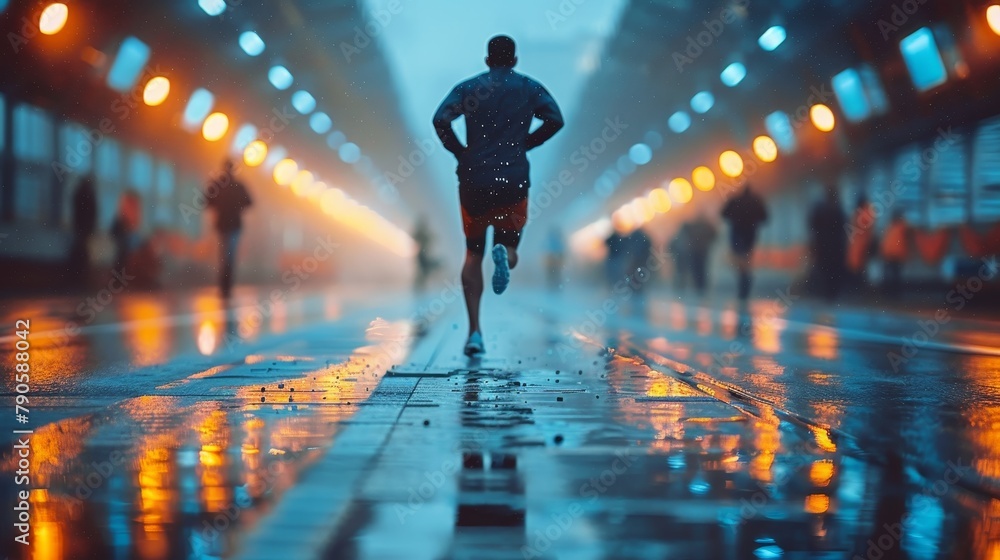 Exciting sports ad shoot with sprinter in full stride, urban backdrop, and high energy captured by camera crew Exciting sports ad shoot with sprinter in full stride, urban backdrop, and high energy captured by camera crew