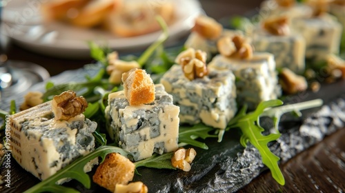 Blue cheese slices accompanied by walnut croutons and arugula presented at the table