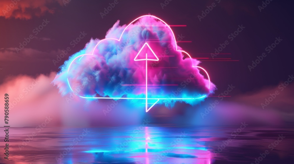 A futuristic cloud with an arrow pointing up, symbolizing the upward trend of digital transformation in business technology and data use cases 