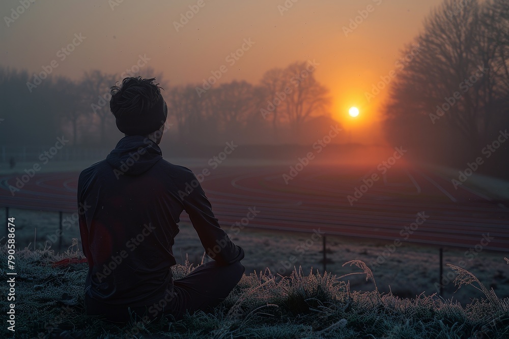 Solitude, preparation, determination in dawn sports training, a runner stretches on a misty track