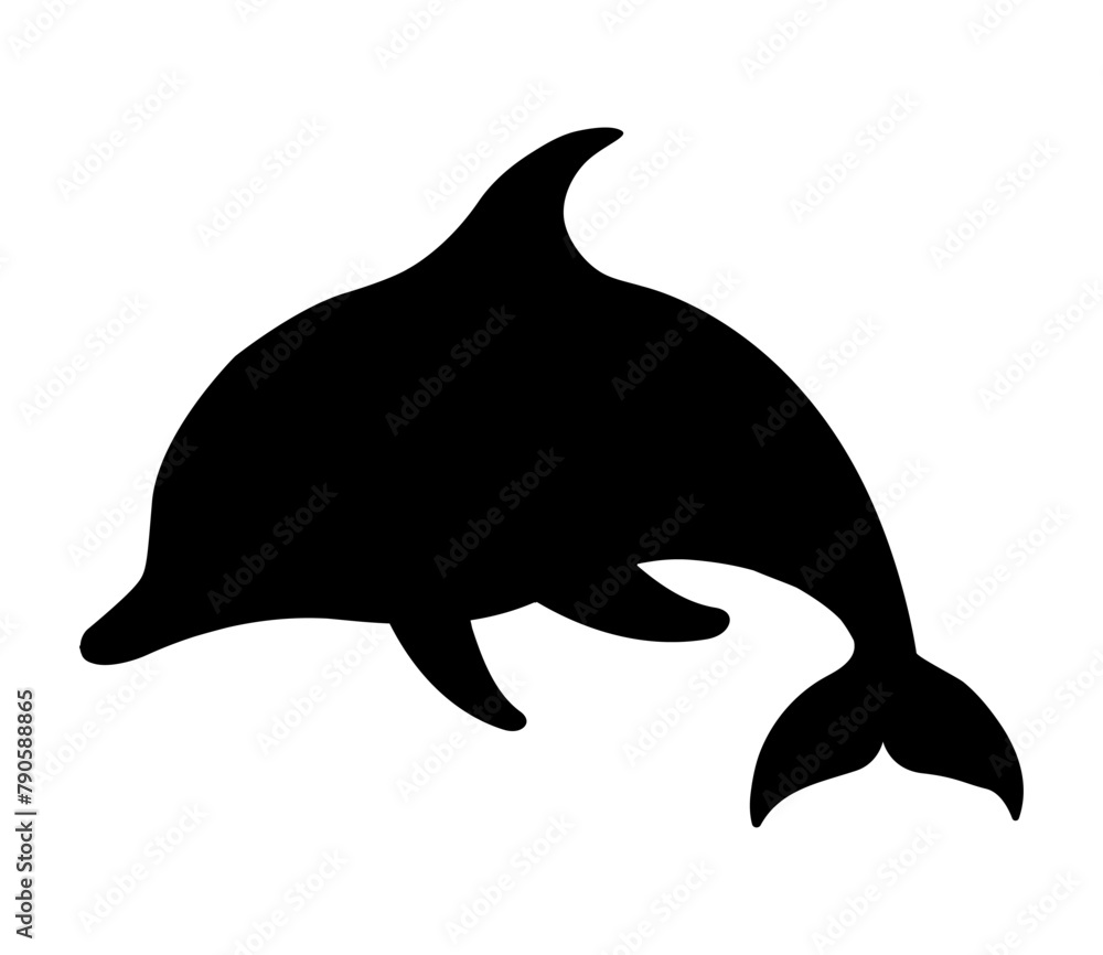 Black silhouette of a dolphin isolated on a white background, sea life, design element, vector Black silhouette of a dolphin isolated on a white background, sea life, design element, vector