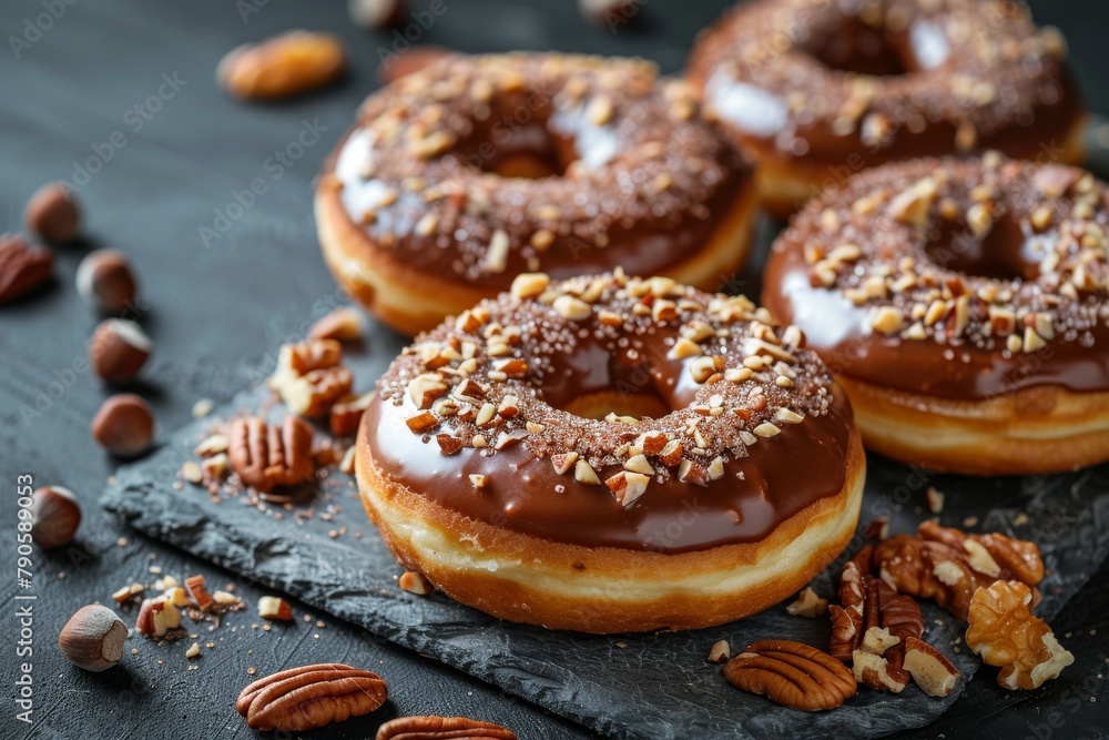 Gourmet chocolate glazed donuts with nuts on a dark slate