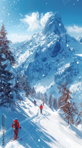 Winter sports holiday scene, family skiing down a gentle slope, snowy landscape, joyful and active photo