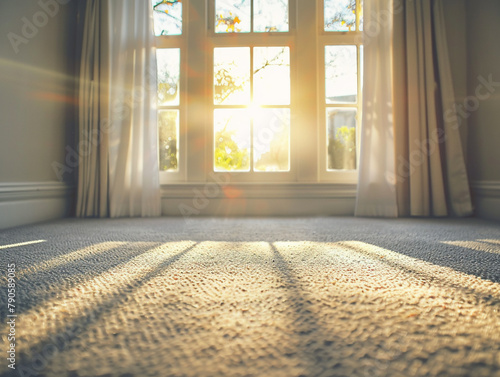 Bare room featuring a pristine carpet, airy with open windows, golden hour light, diagonal view photo