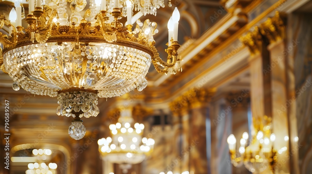 Glittering Chandelier in Opulent Gilded Marble Interior Glittering Chandelier in Opulent Gilded Marble Interior