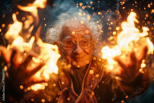 Elderly superhero with fire control powers in dramatic lighting