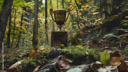 Rustic Reclaimed Wood Trophy in Lush Forest Landscape Celebrating Environmental Consciousness