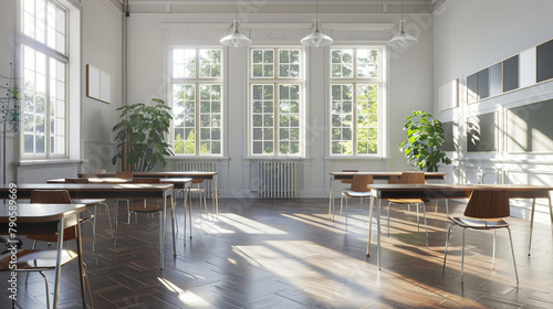 Classroom with doors and windows ajar for air circulation  fresh ambiance  morning light  straight-on perspective