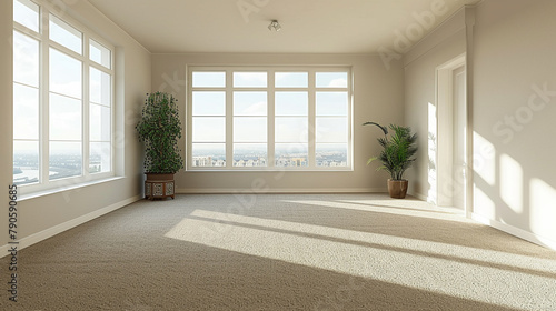 Empty room with clean carpet, wide-open windows, breeze flowing, midday light, wide angle view
